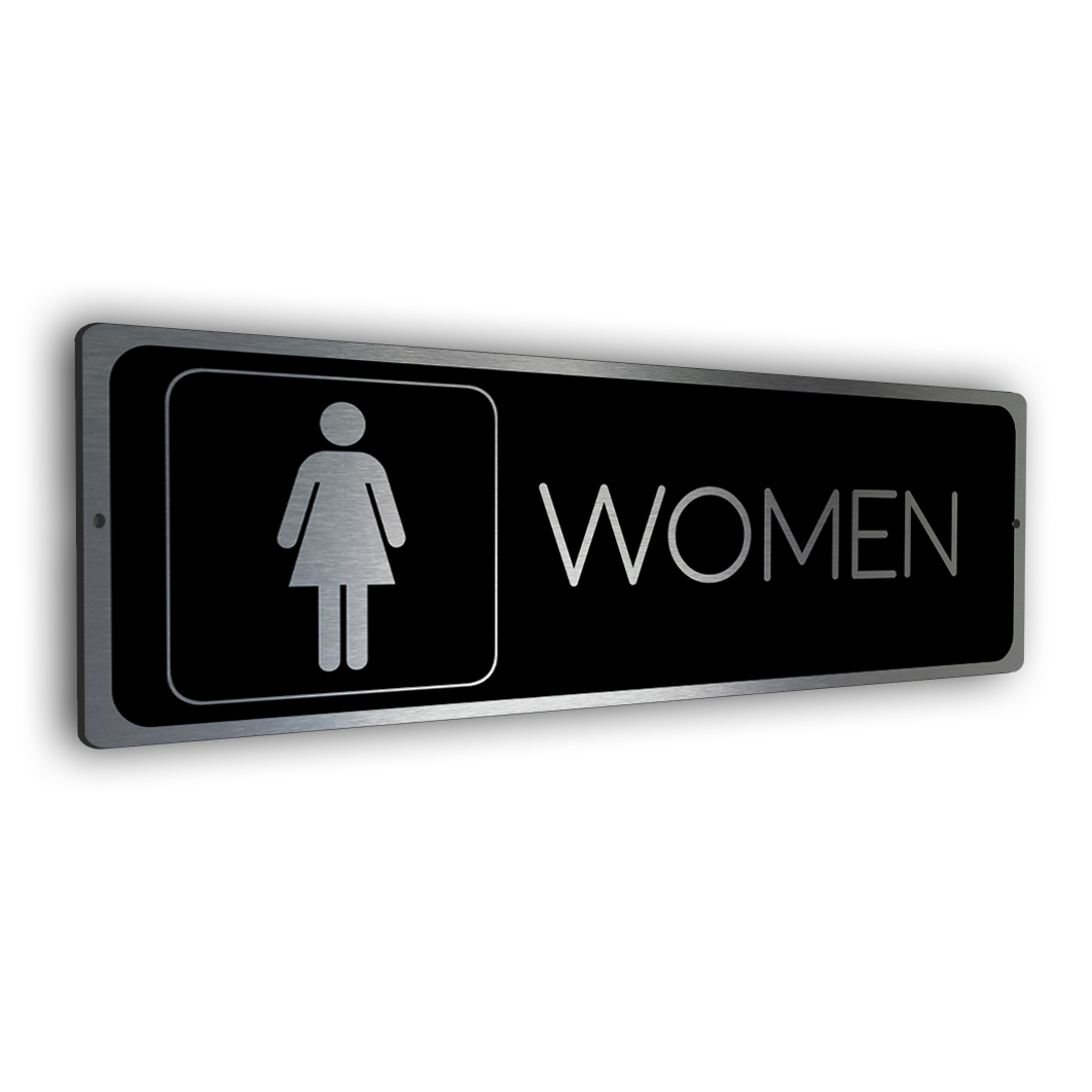 brushed silver women's restroom sign