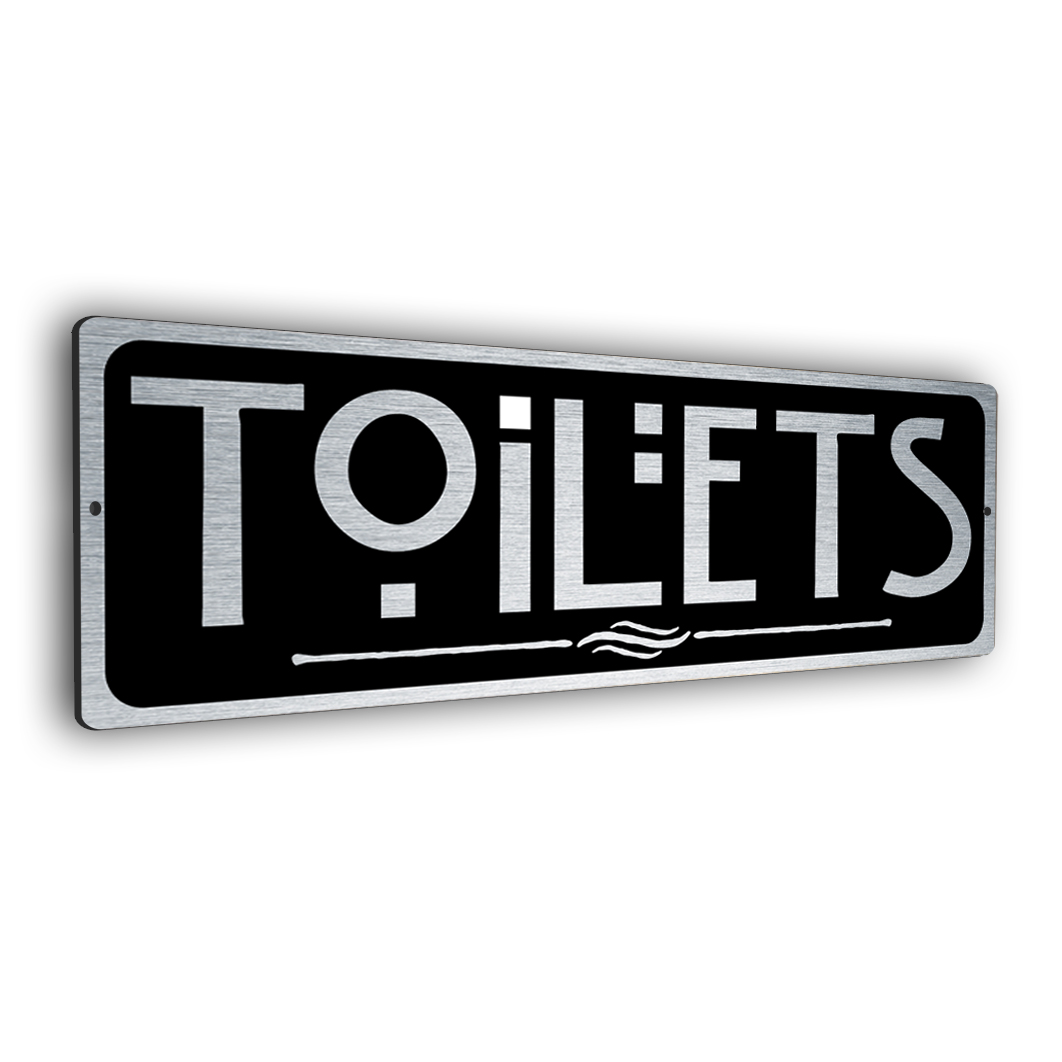 brushed silver toilets sign