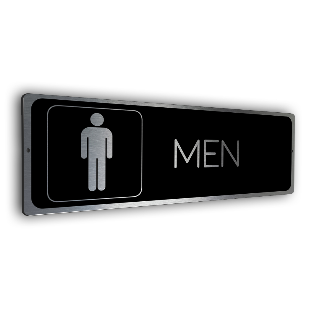 brushed silver and black mens restroom sign
