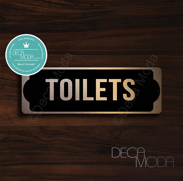 Toilets Sign for Door, Black Matt Vinyl on Brushed Copper Finish Metal