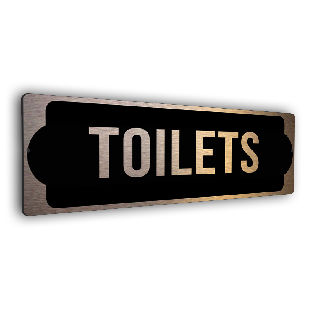brushed copper toilets sign