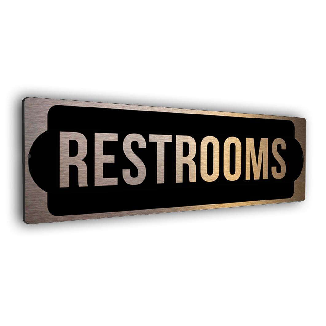 copper finish restrooms sign