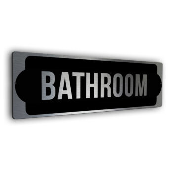 silver bathroom door sign