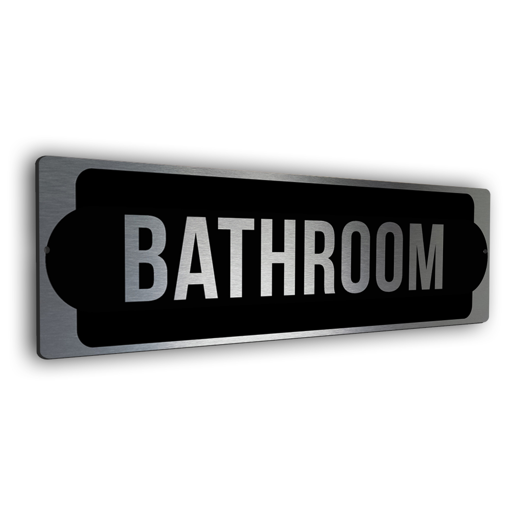 silver bathroom door sign