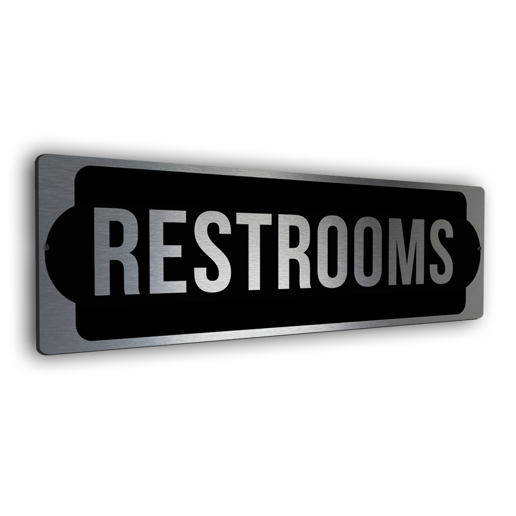 silver restrooms sign